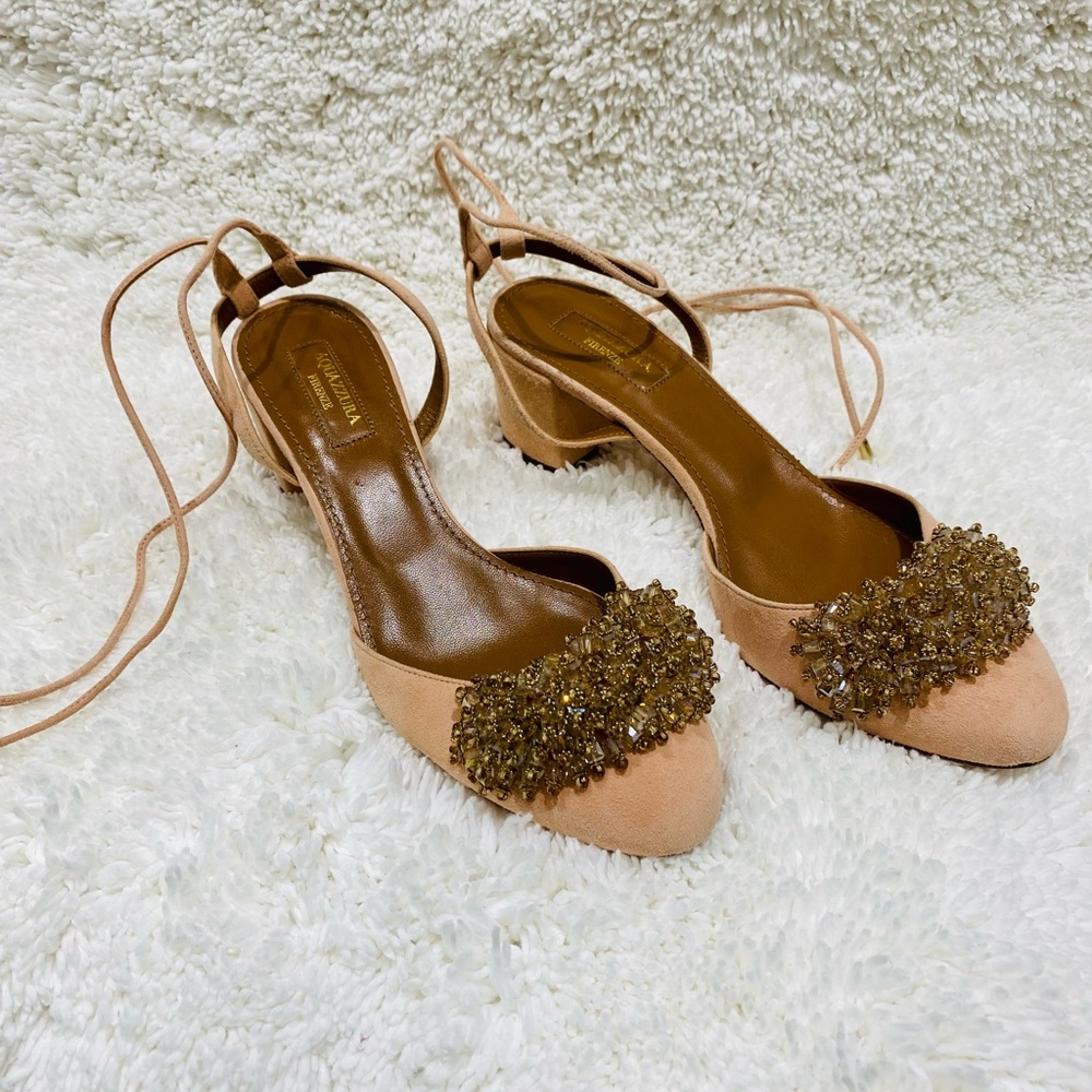 Aquazzura New Blush Pink Cashmere Suede Crystal Pom Pom Heels